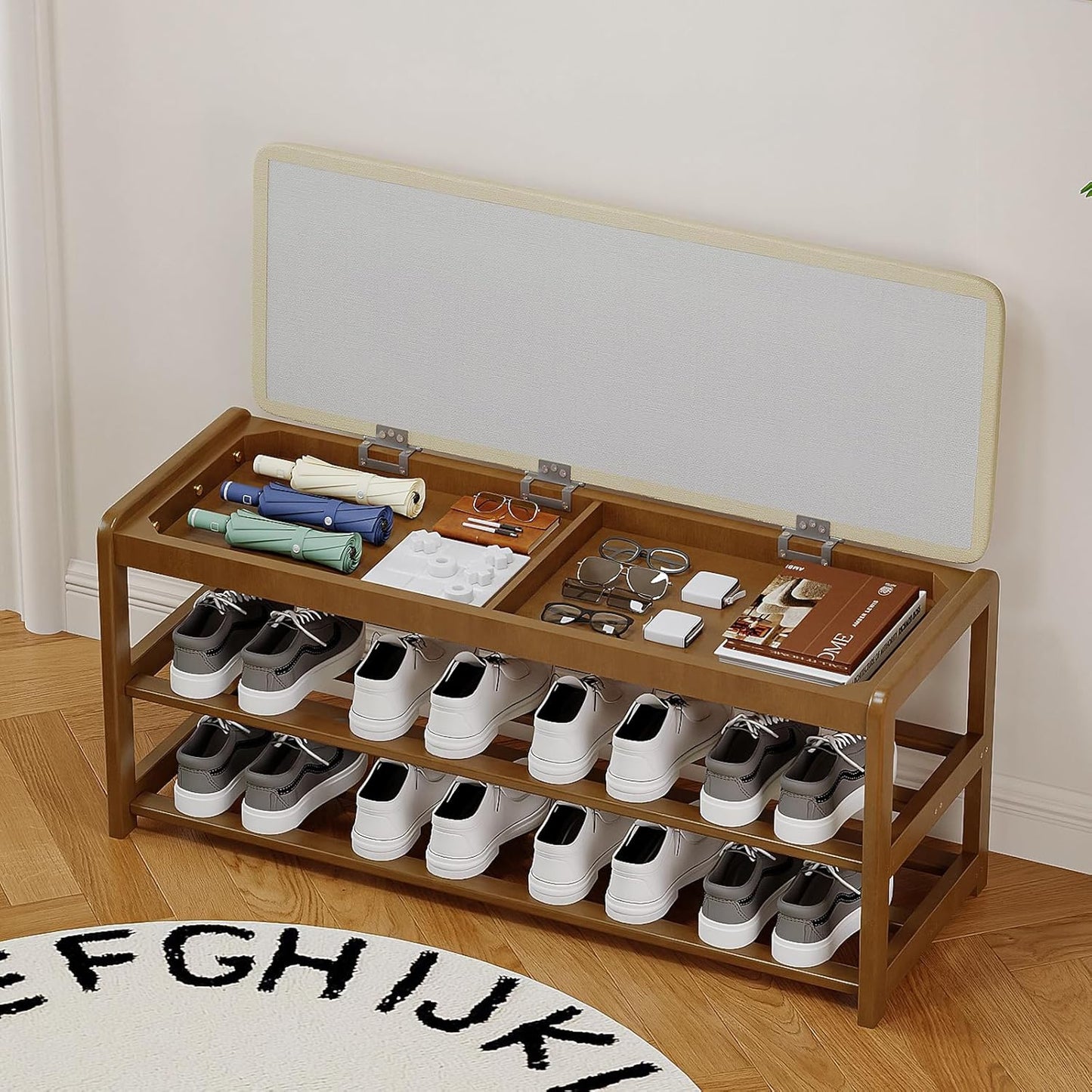 2-Tier Bamboo Shoe Bench with Cushion and Hidden Drawer, Entryway Shoe Rack Organizer with Storage for Hallway, Bedroom, Front Door, Mudroom Seating Bench, Walnut