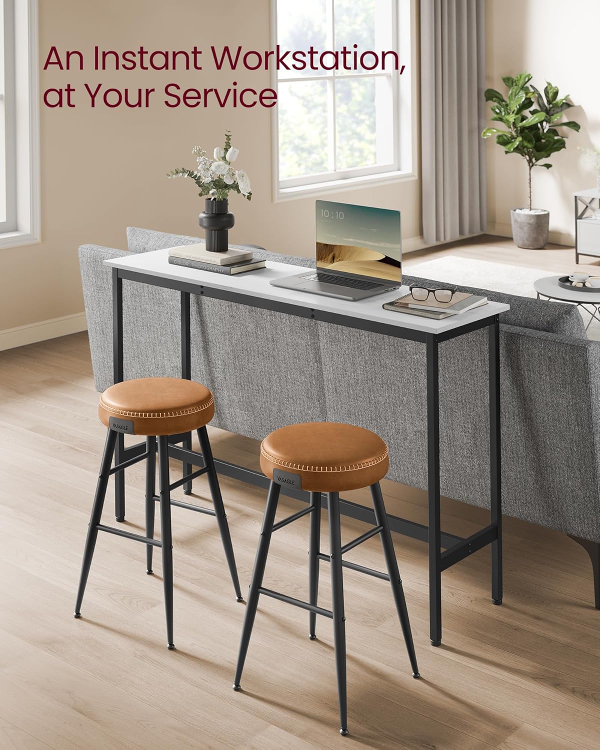 VASAGLE Bar Table, Narrow Long Kitchen Dining Table, Sturdy Metal Frame, Industrial, 15.7 x 55.1 x 35.4 Inches, Rustic White and Ink Black ULBT140B73