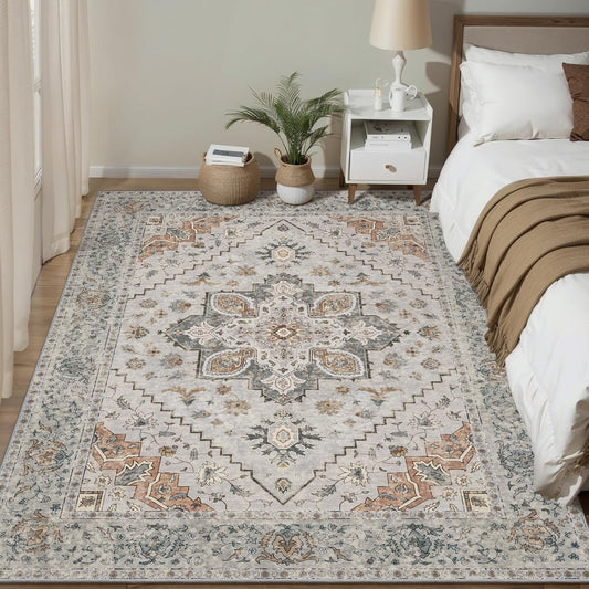 Tangsoo 4x6 Area Rug for Living Room, Washable Vintage Indoor, Distressed Taupe Carpet for Bedroom, Non Slip Dining Room Rugs, Soft Low Pile Rugs Foldable Floor Rug for Dorm Bedside Bathroom