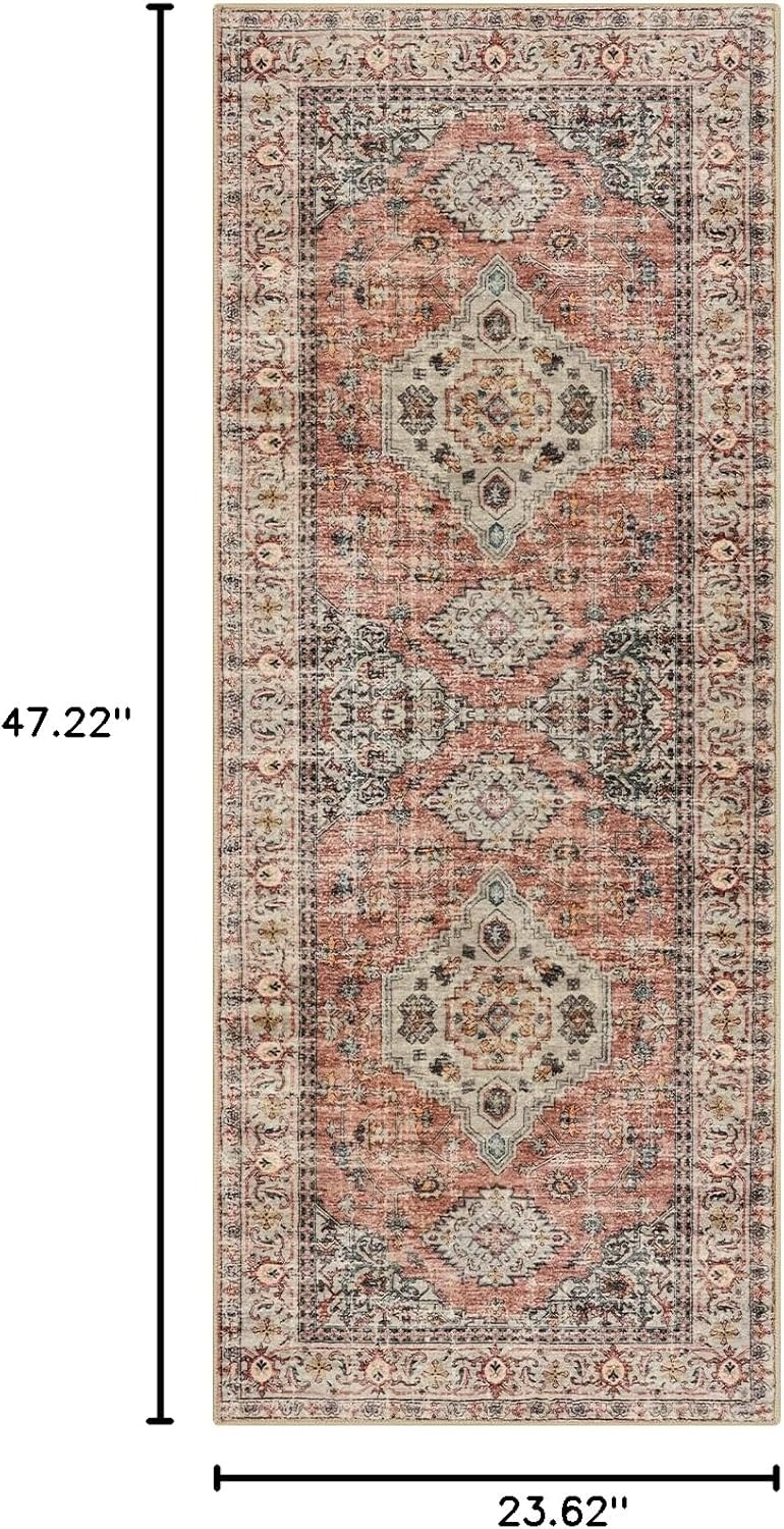 Lahome Oriental Small Area Rug, 2x4 Soft Washable Rugs for Entryway Kitchen, Non-Slip Ultra-Thin Indoor Door Mat Distressed Vintage Small Carpet for Bathroom Bedroom, Peach/Orange