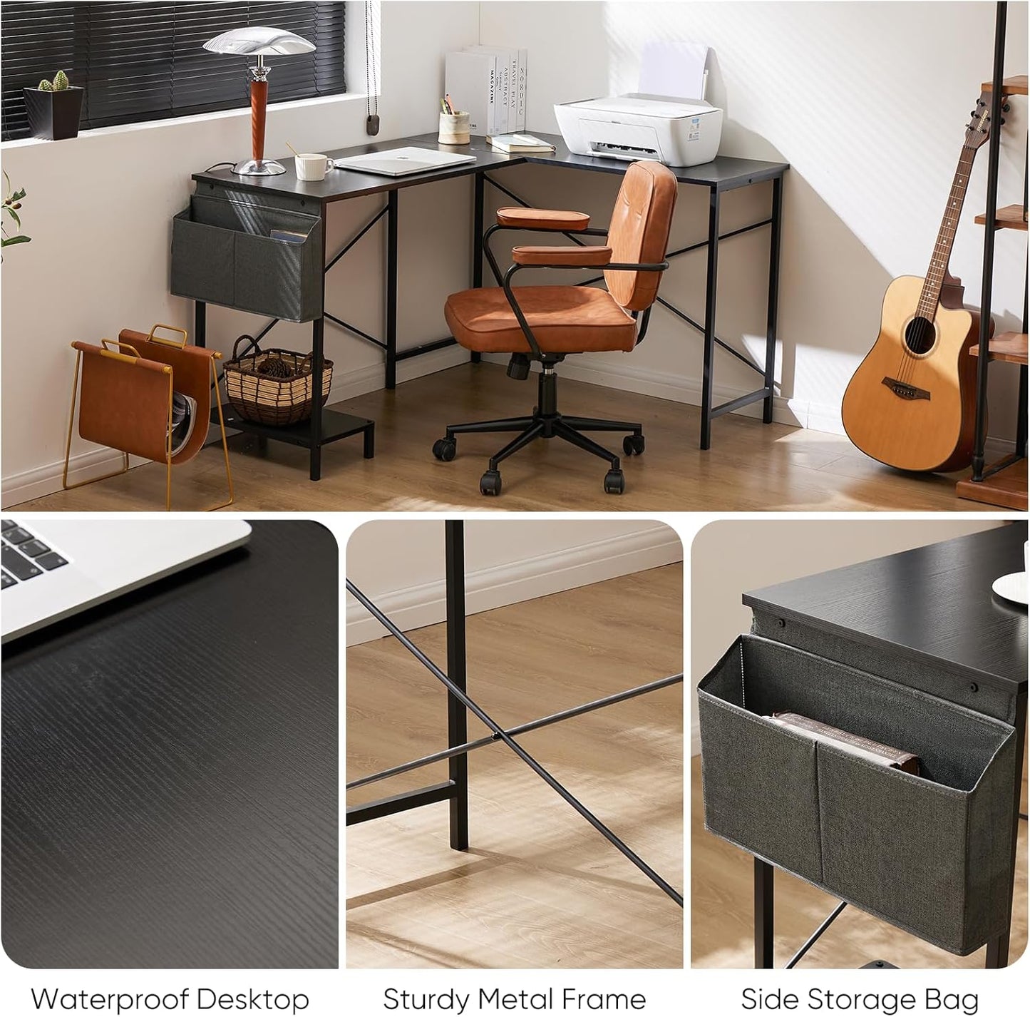 Sweetcrispy L Shaped Computer Desk - Corner Gaming PC Table with CPU Stand Side Bag for Home Office Dorm Sturdy Writing Workstation, 50-Inch, Black