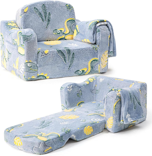 Comfy Toddler Chair and Couch for Kids with Blanket,2-in-1 Soft Plush Fold Out Toddler Couch for Girls and Boys,Convertible Sofa to Lounger for Playroom, Dinosaur