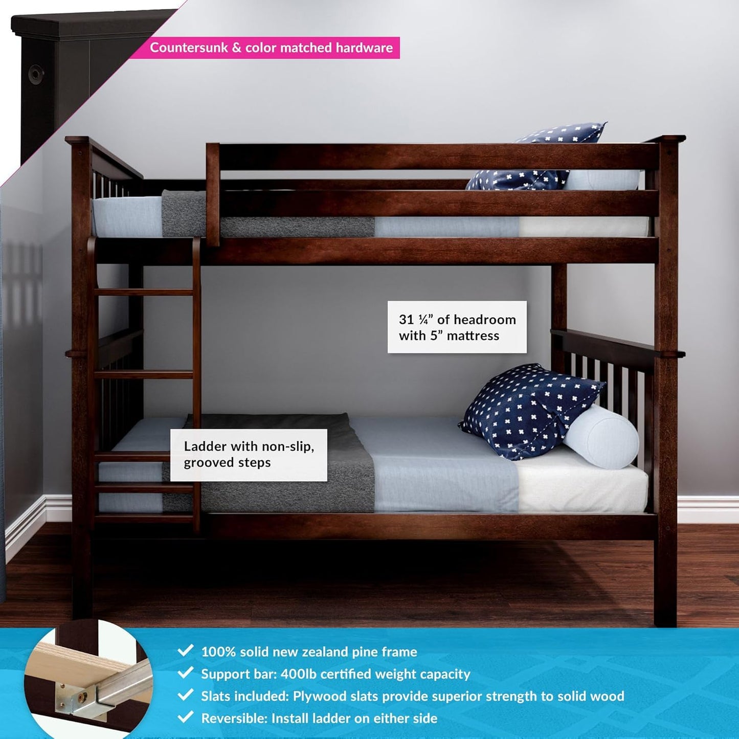 Max & Lily Bunk Bed Twin over Twin, Solid Wood Bunk Bed Frame with Ladder for Kids, 14" Safety Guardrails, Easy Assembly, No Box Spring Needed, Espresso