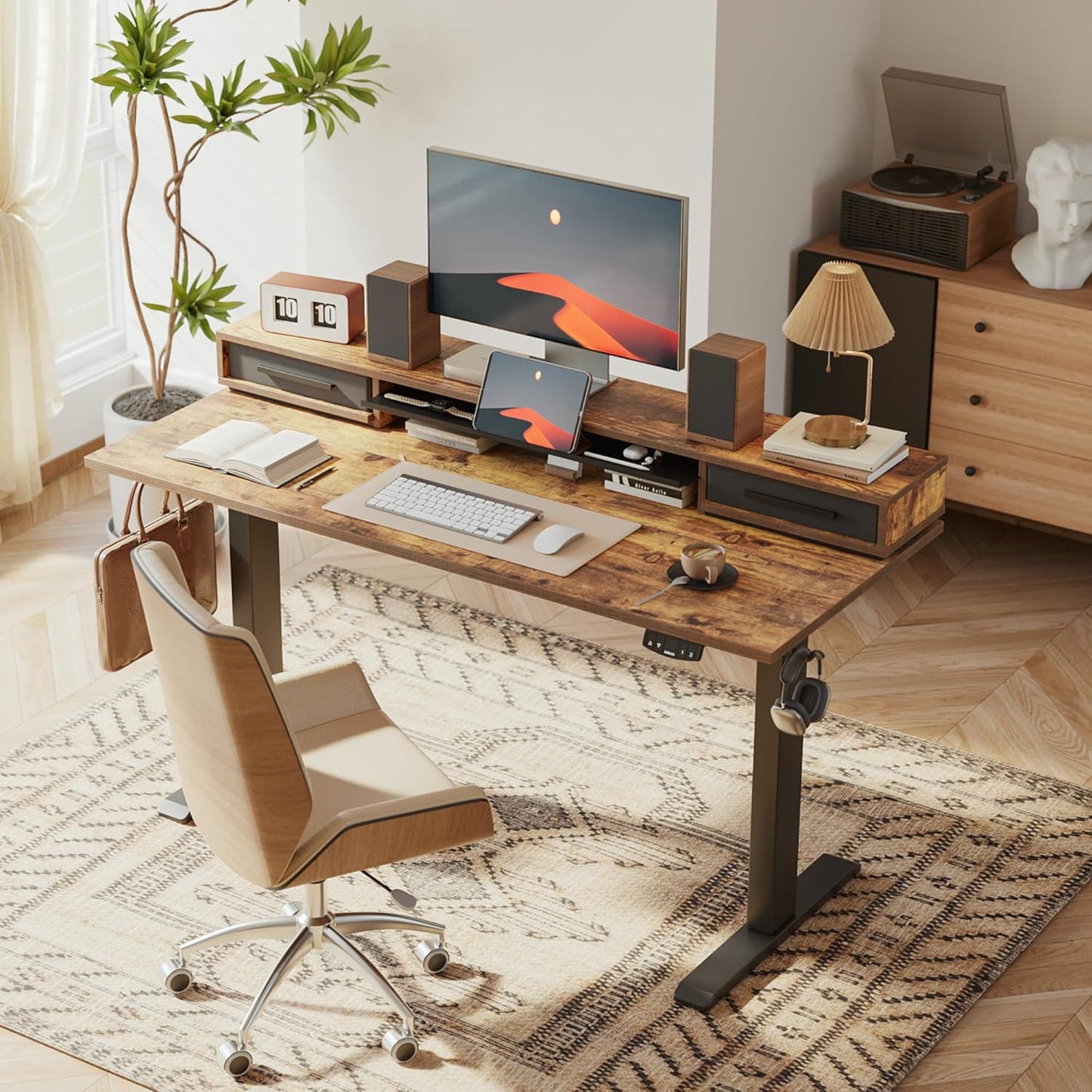 Agilestic 48 Inch Electric Standing Desk with Drawers, Adjustable Desk with Storage Shelf, Stand Up Home Office Computer Table, Splice Board, Rustic Brown