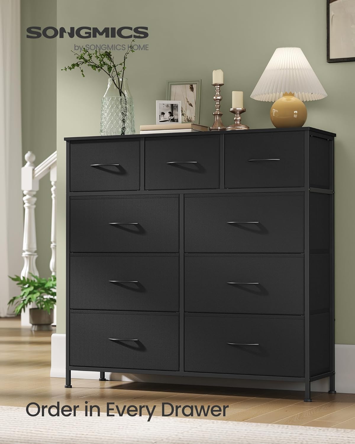 SONGMICS Dresser for Bedroom, Chest of Drawers, Steel, MDF, 9 Non-Woven Fabric Drawers, Storage Organizer Unit, Closet, Entryway, Ink Black and Ebony Black LGS324B01S
