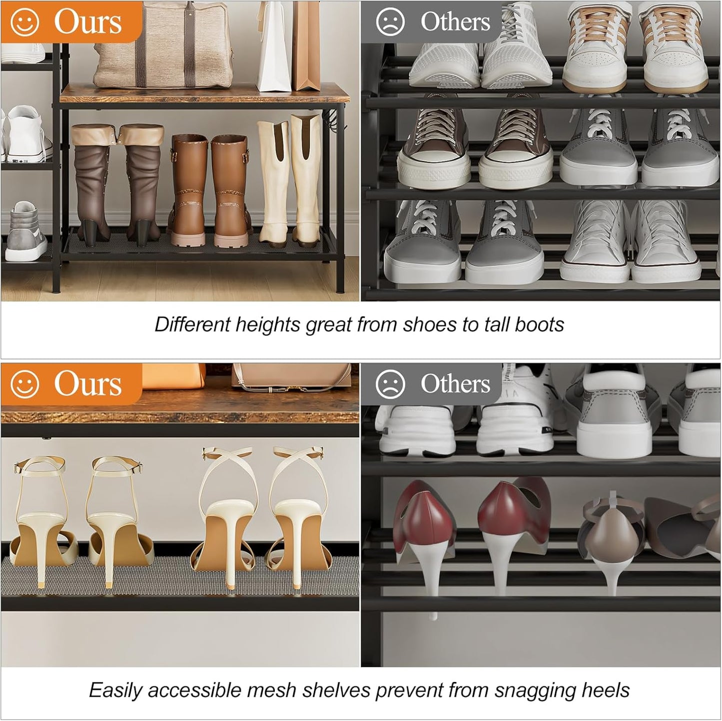 Shoe Rack Bench Storage Organizer for entryway,6-Tier Industrial Free Standing Shoe and Boot Racks with Seat,Entrance Shoe Rack Organizer Shelves for High Heels,Hallways, Closets,Brown,48.7in