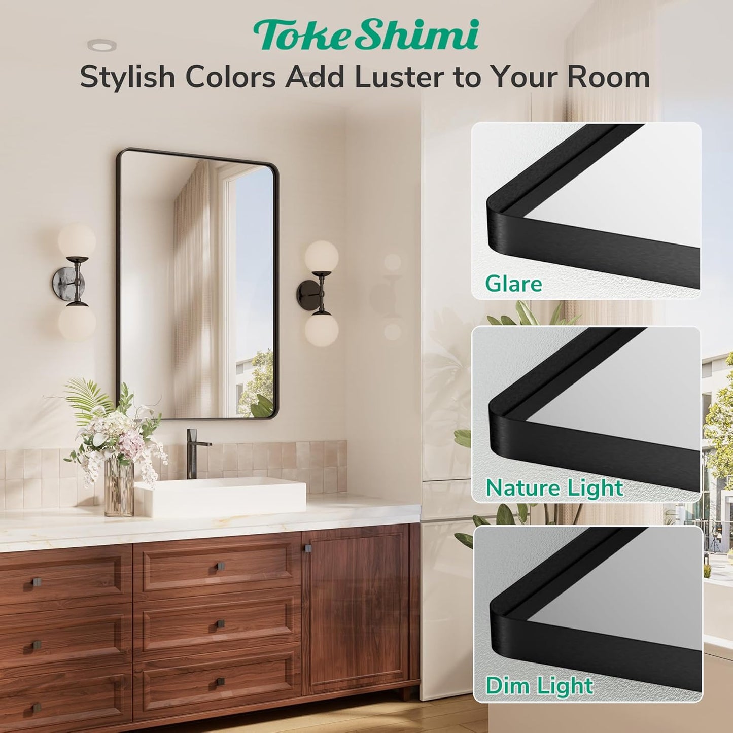 TokeShimi 55x36 Bathroom Mirror Black,Aluminum Framed Bathroom Mirror for Over Sink,Rectangle Vanity Mirror Bath,Shatterproof Tempered Glass Wall Mirror Modern(Horizontal/Vertical)