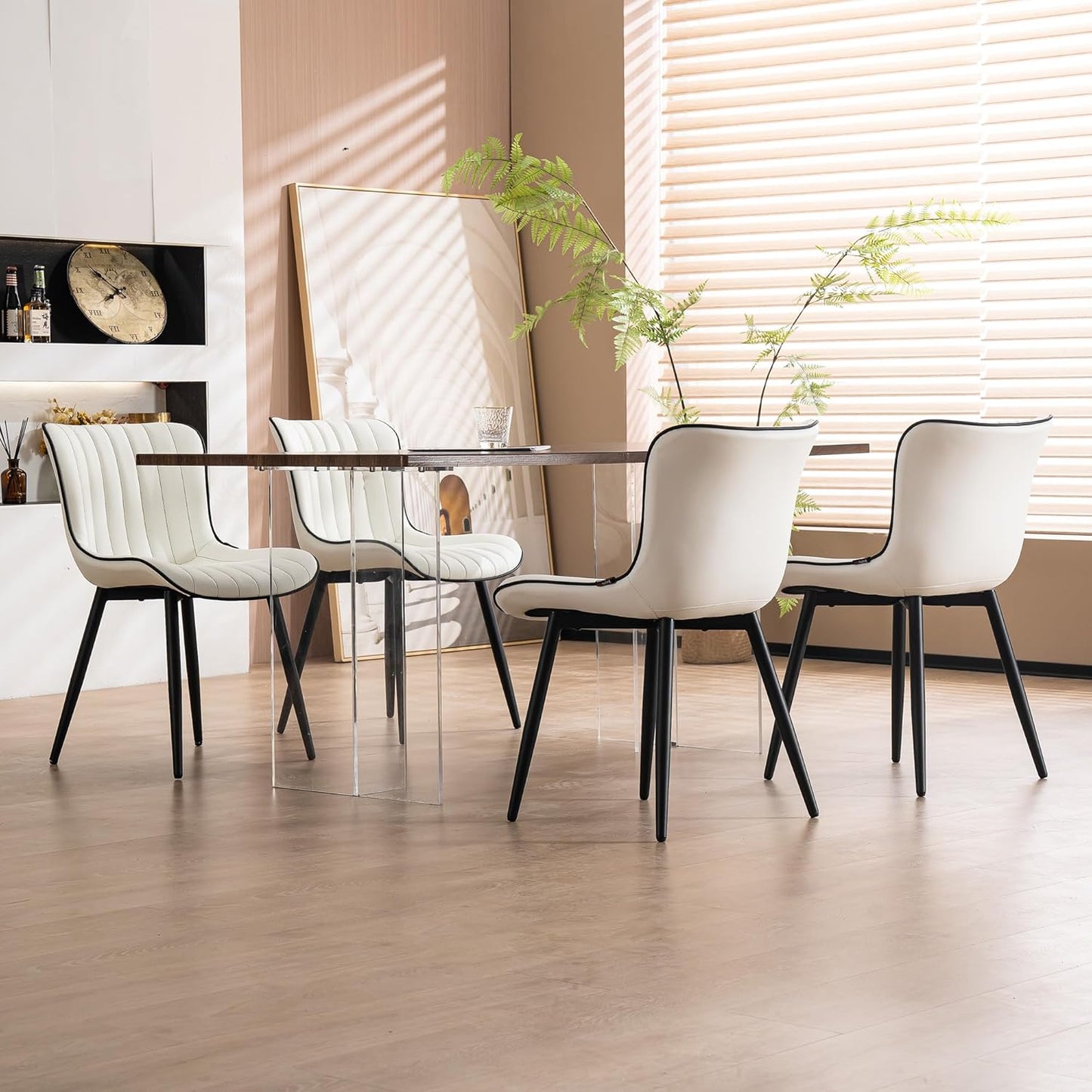 YOUNUOKE Mid-Century Modern Dining Chairs Set of 2, White PU Leather Upholstered Kitchen Chairs with Black Metal Legs, Armless Accent Chair for Dining Room, Guest Reception Room