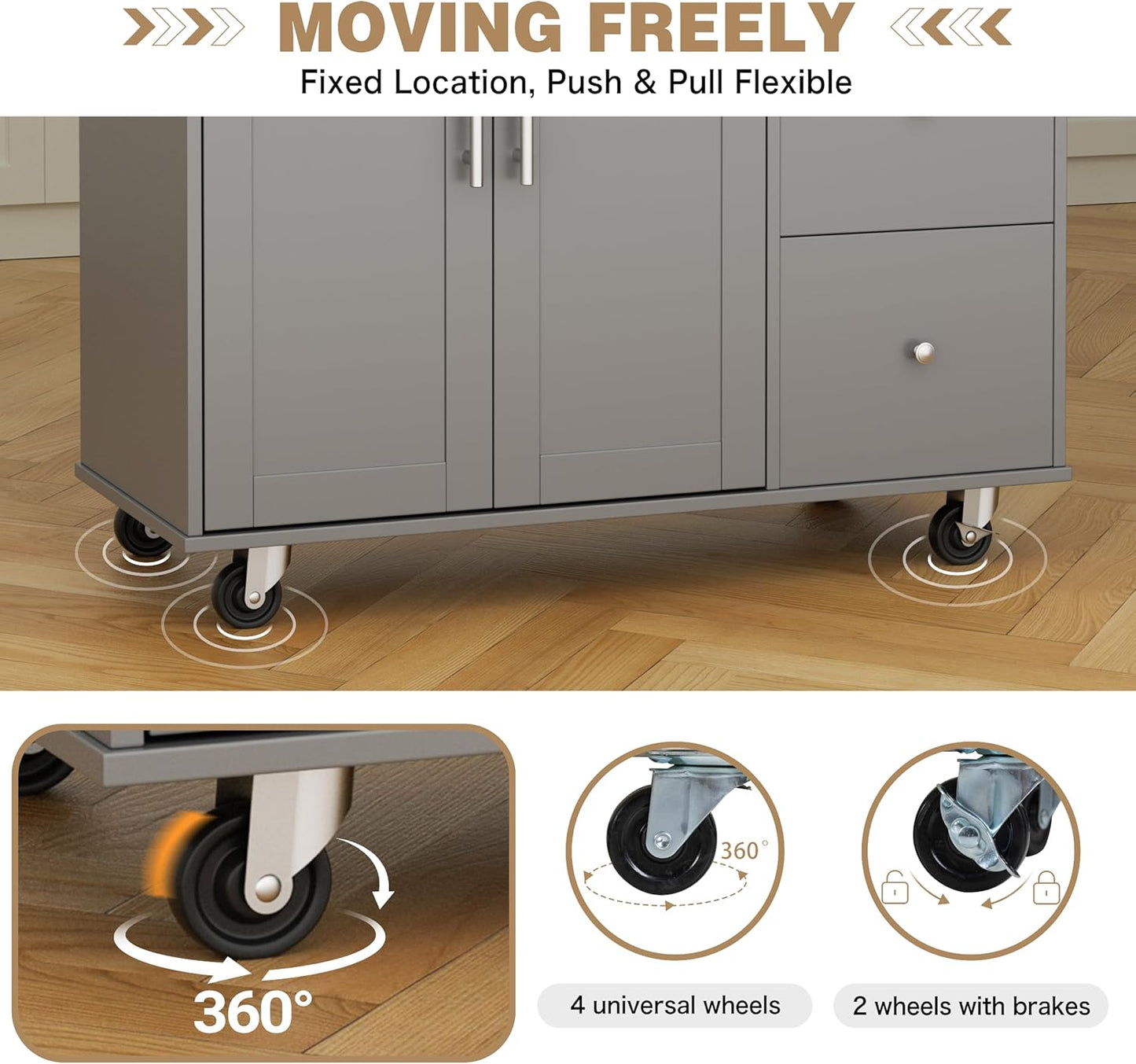 Shintenchi Kitchen Island with Folding Drop Leaf, Rolling Island Table with Storage, Kitchen Cabinet on Wheels with Seating Area for Kitchen, Bar Cart with Cabinet, Gray