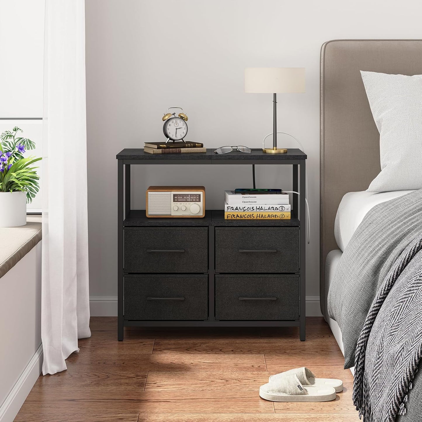 TUTOTAK Large Night Stand with Charging Station, Nightstand with USB and Type-C Port, Bedside Table with Cloth Drawers, End Table for Livingroom, Bedroom, Black TB01BK081