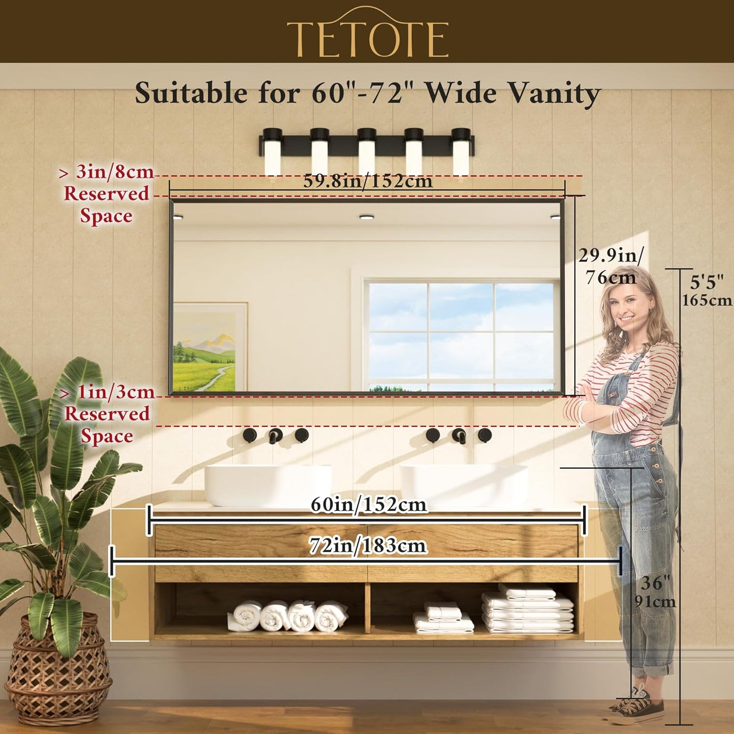 TETOTE Brushed Nickel Vanity Mirror for Bathroom 60" x 30" Beveled Frame Rectangle Bathroom Mirror for Over Sink Brushed Nickel, Tempered Glass, Stronger Frame, Modern Farmhouse Bedroom, Entryway