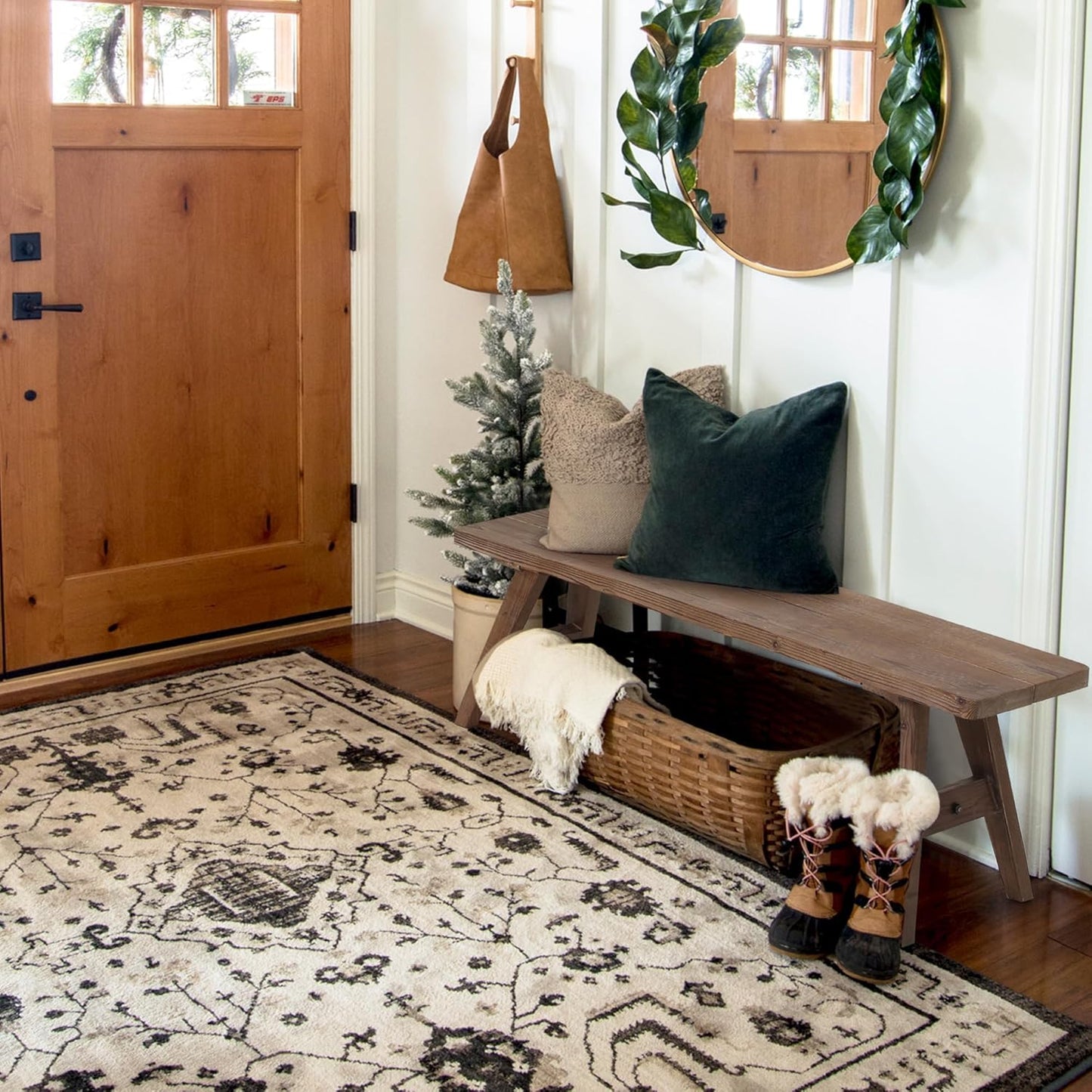 Wnutrees 47" Farmhouse Wood Bench, Dining Room Bench, Entryway Bench for Living Dining Room, Solid Wood, Easy to Assemble, Brown