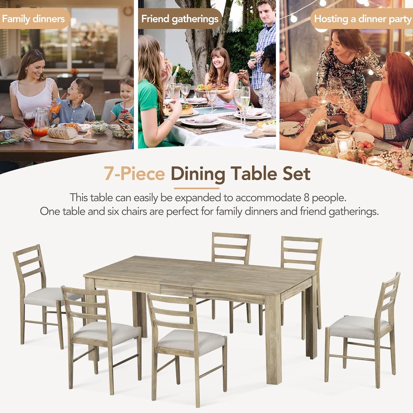 7 Pieces Dining Table Set with 6 Upholstered Chairs,Living Room Desk W/ 2 Drawers and 71.5" Rectangle Extendable Leaf,for Restaurant,Home Bistro,Natural Wood Wash
