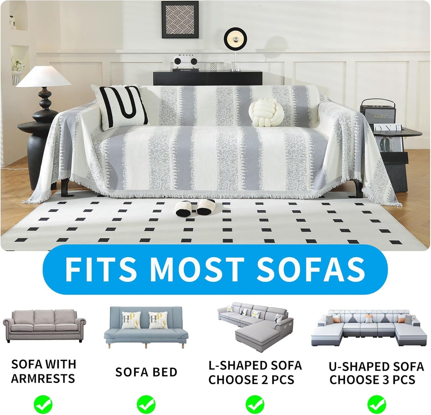 LUFEIJIASHI Boho Couch Covers for Sofa Non Slip Sofa Covers Washable Couch Covers for 3 Cushion Couch Sofa Pet Friendly Sectional Couch Cover Blanket Furniture Protector for Dogs (Grey, 71"x118")