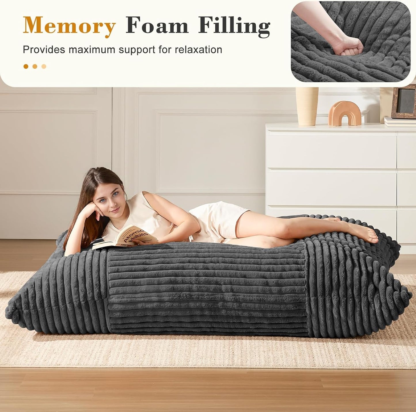 3-in-1 Giant Bean Bag Chair for Adults & Kid, Convertible Floor Sofa to Mattress, High-Density Foam Chair Bed with Washable Cover, Multi Functional Lounge Couch for Bedroom, Living Room (Dark Grey)