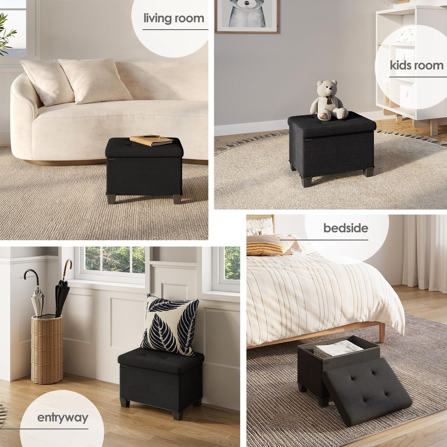 STORAGEBUD Storage Ottoman Cube with Small Bin, 16-in Square Ottoman with Storage for Living Room and Bedroom, Small Ottomans Foot Rest, Fabric Foot Stools Ottomans Max 330lbs, Black