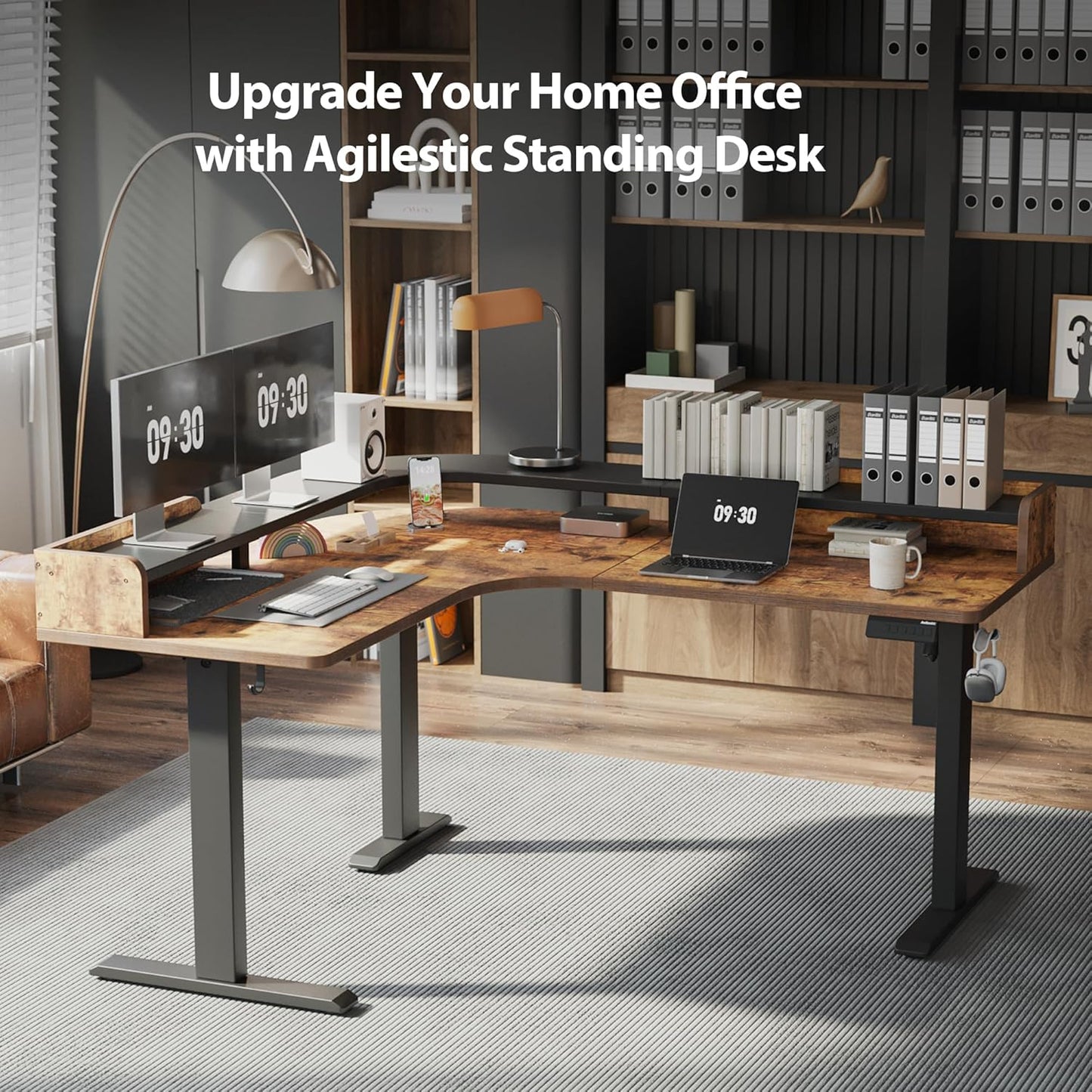 Agilestic L Shaped Standing Desk, Corner Desk with Monitor Shelf, Adjustable Height Gaming Table, Sit Stand Up Table, 63 x 55 Inch Home Office Computer Workstation, Splice Board, Rustic Brown