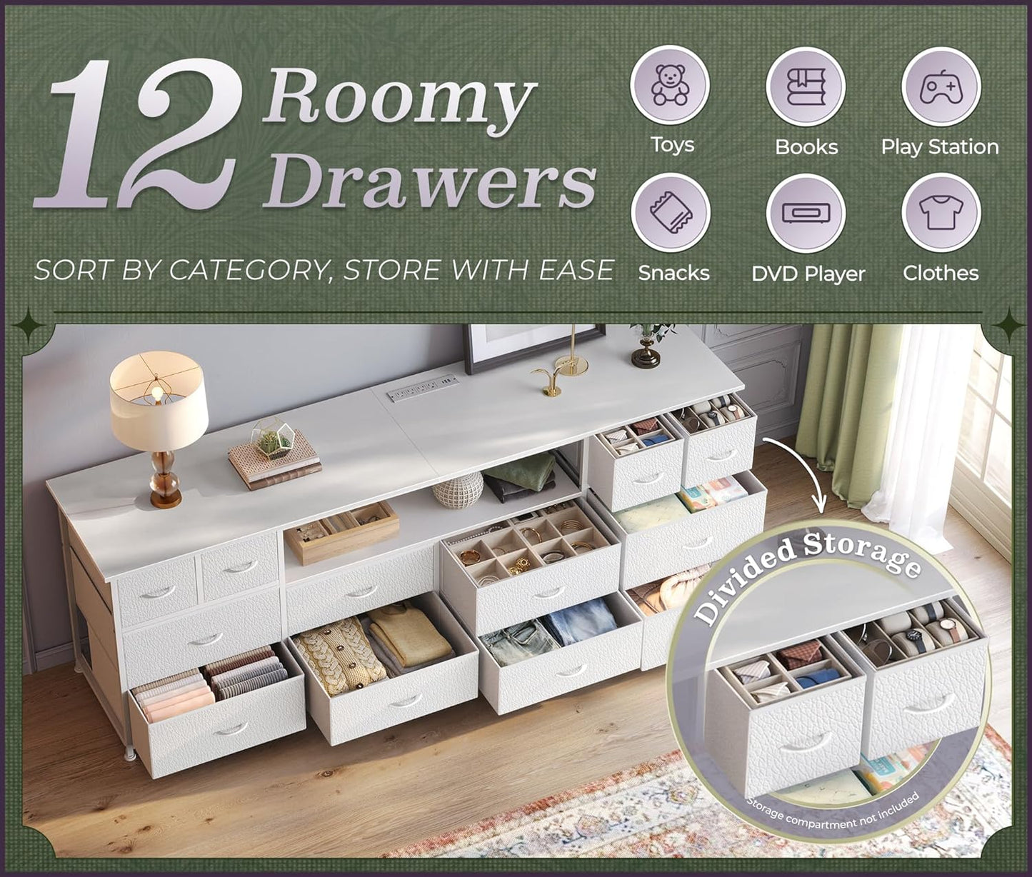 Huuger 63 Inch Dresser TV Stand with LED Lights, Power Outlets and USB-C Port, 12 Fabric Drawer Dresser for Bedroom, Wide Entertainment Center for 65, 70 Inch TV, Media Console, Open Shelf, White