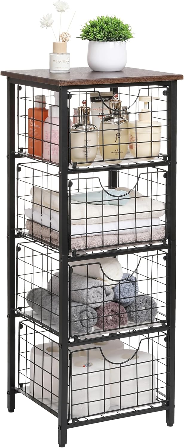 5-Tier FreeStanding Storage Shelves with 4 Pull-Out Baskets,Bathroom Organizer Shelves Unit with WoodTop,Fruit Basket for Kitchen,Storage Tower Organizer Basket Cart for Bathroom，Black