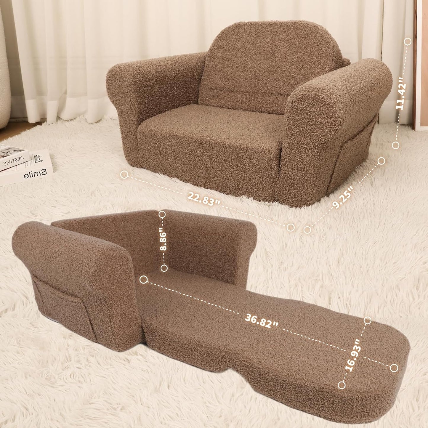 Chairs for Toddler, 2-in-1 Toddler Soft Teddy Baby Couch Fold Out, Convertible Chair to Lounger for Girls and Boys|Safety Certified | Gift for Children