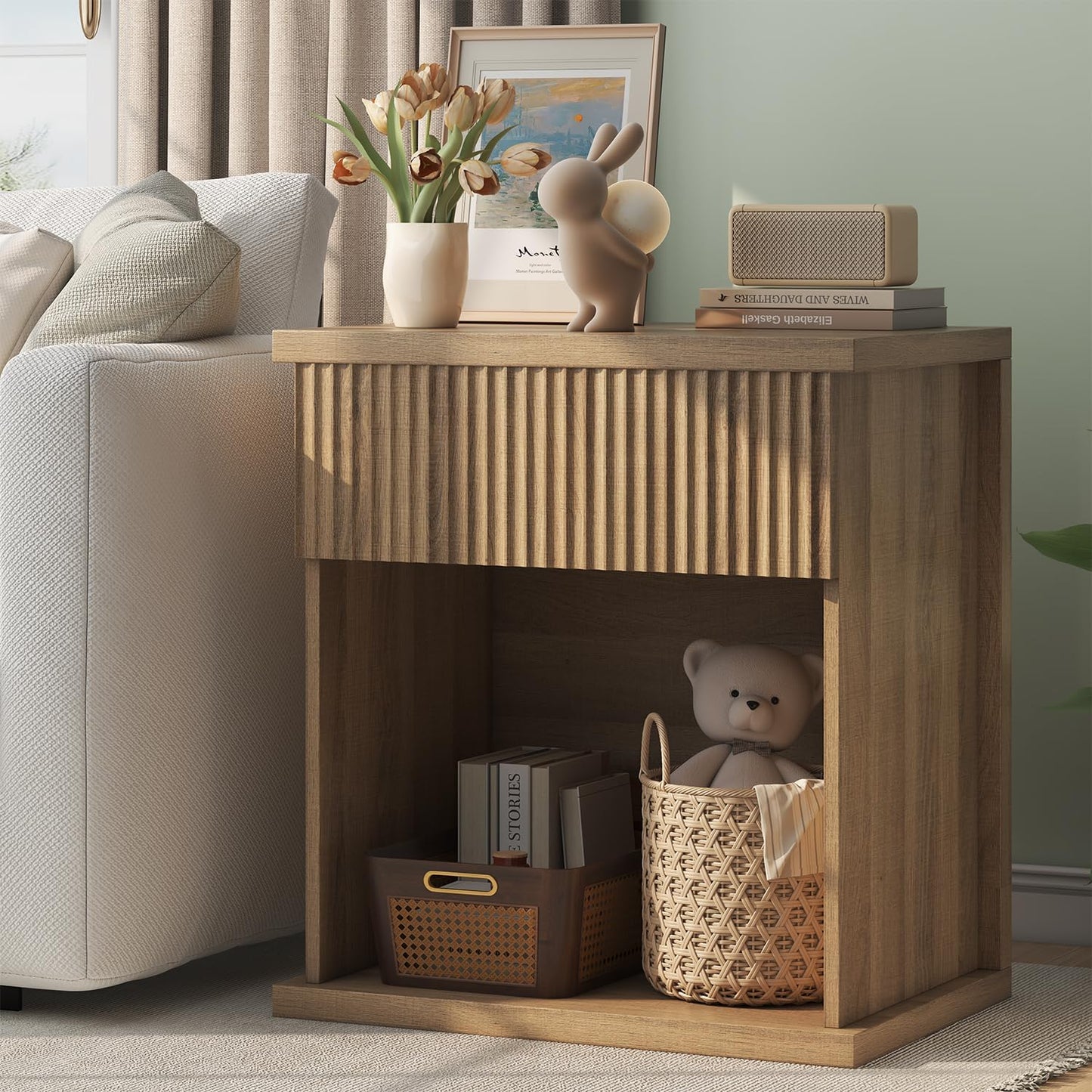 Fluted Nightstand, 22.8" Wide Nightstands with Drawer Storage Large Wood BedsideTable Night Stand for Bedroom, Natural Oak