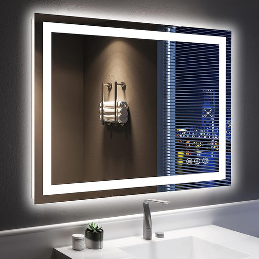 40x32 Inch LED Bathroom Mirror with Lights Front and Backlit Lighted Vanity Mirror for Bathroom Wall with 3 Colors Dimmable Anti-Fog Memory Shatter-Proof IP54 Waterproof Horizontal/Vertical