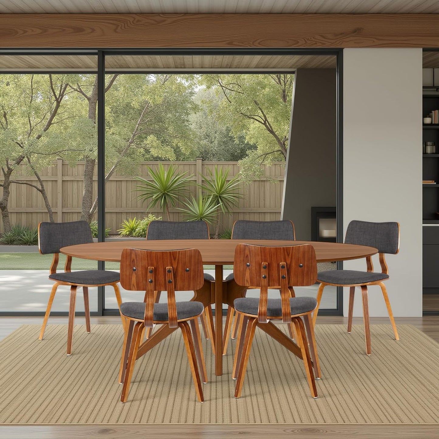 Armen Living Jaguar Mid-Century Dining Chair in Walnut Wood and Charcoal Fabric - Set of 6