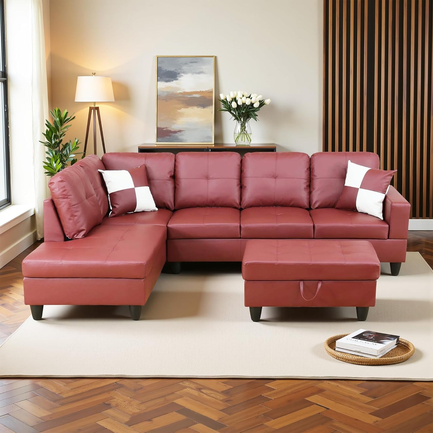 L Shaped Couch Faux Leather Sectional Couch Upholstered 3 Pieces Sofas for Living Room with Chaise, Storage Ottoman for Office and Small Apartment, Dark Red