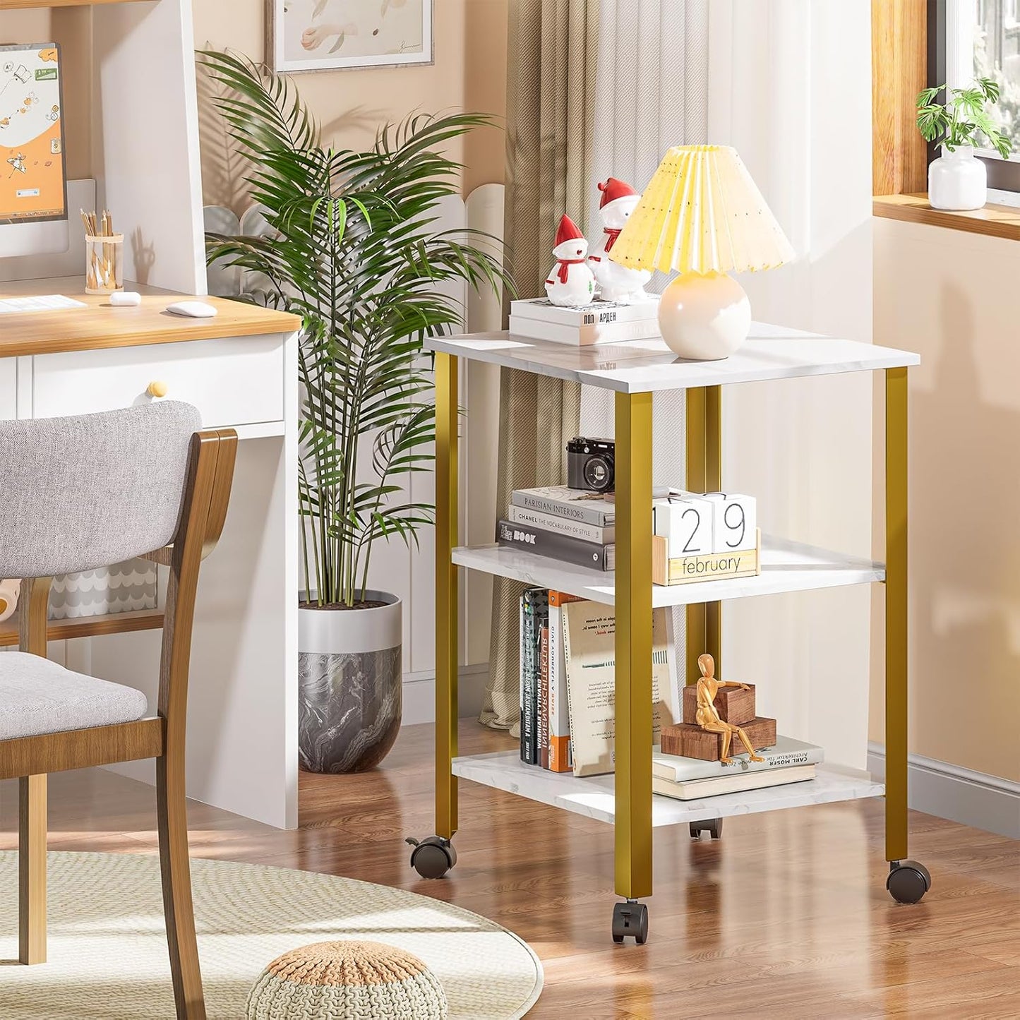 Side Table, End Table with Wheels, Printer Stand with 3-Tier Storage, Bedside Table,Telephone Table,Square Small Side Table for Living Room, Bedroom, Office, Kitchen, Metal Frame, Easy Assembly -White