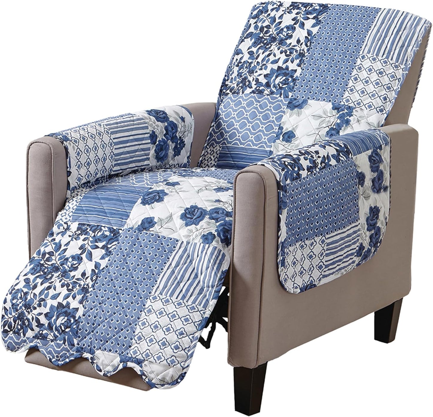 Great Bay Home Patchwork Scalloped Printed Furniture Protector Stain Resistant Recliner Cover (Recliner, Navy)