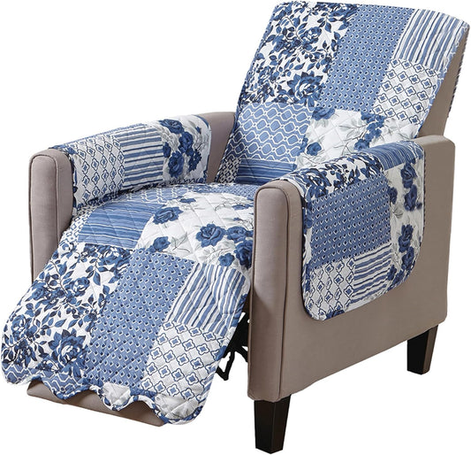 Great Bay Home Patchwork Scalloped Printed Furniture Protector Stain Resistant Recliner Cover (Recliner, Navy)