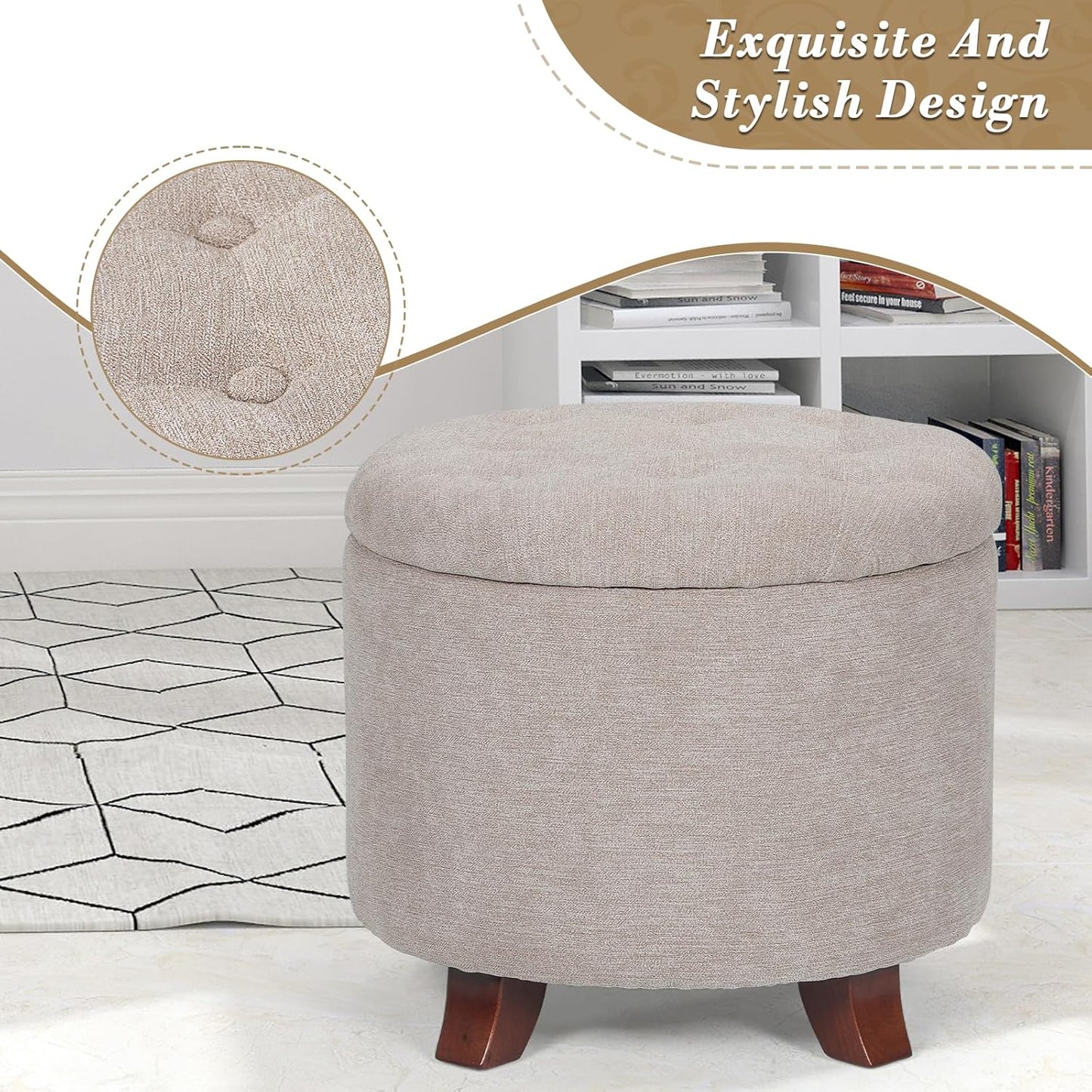 Athena Collection 20 Inch Small Ottoman with Storage, Round Linen Fabric Storage Ottoman with Removable Lid, Stylish Footstool Foot Rest for Living Room, Bedroom, Dorm, Khaki