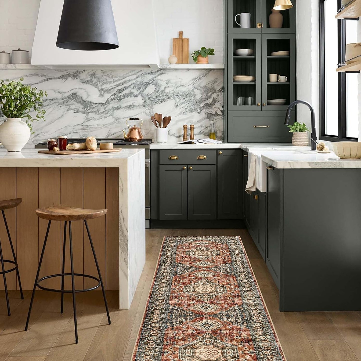 Lahome Oriental Hallway Runner Rug Non Slip, 2x8 Washable Runners for Hallways Kitchen, Vintage Non Skid Soft Long Carpet for Bedroom Bathroom Entryway, Brick Red