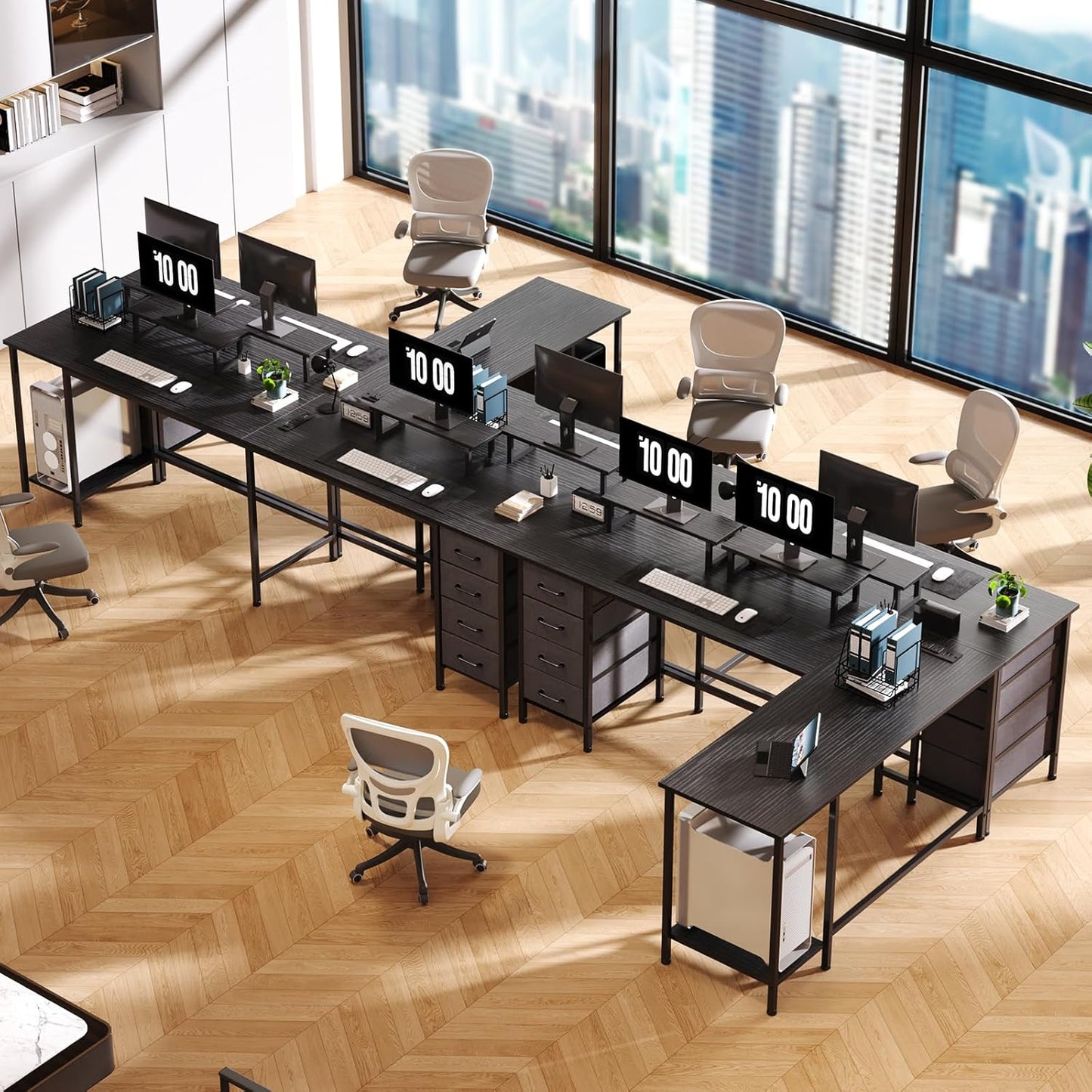 66" L Shaped Computer Desk, 94.4'' Home Office Desk with Power Outlets, 4 Adjustable Storage Drawers & 2 Monitor Stands, Large Two Person Gaming Table for Writing Study, Black