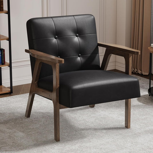 Casaottima PU Leather Accent Chair Mid Century Comfy Cozy Chair with Solid Wood Legs,Modern Arm Reading Chair with Button Tufted Back for Living Room Bedroom (Dark Black)