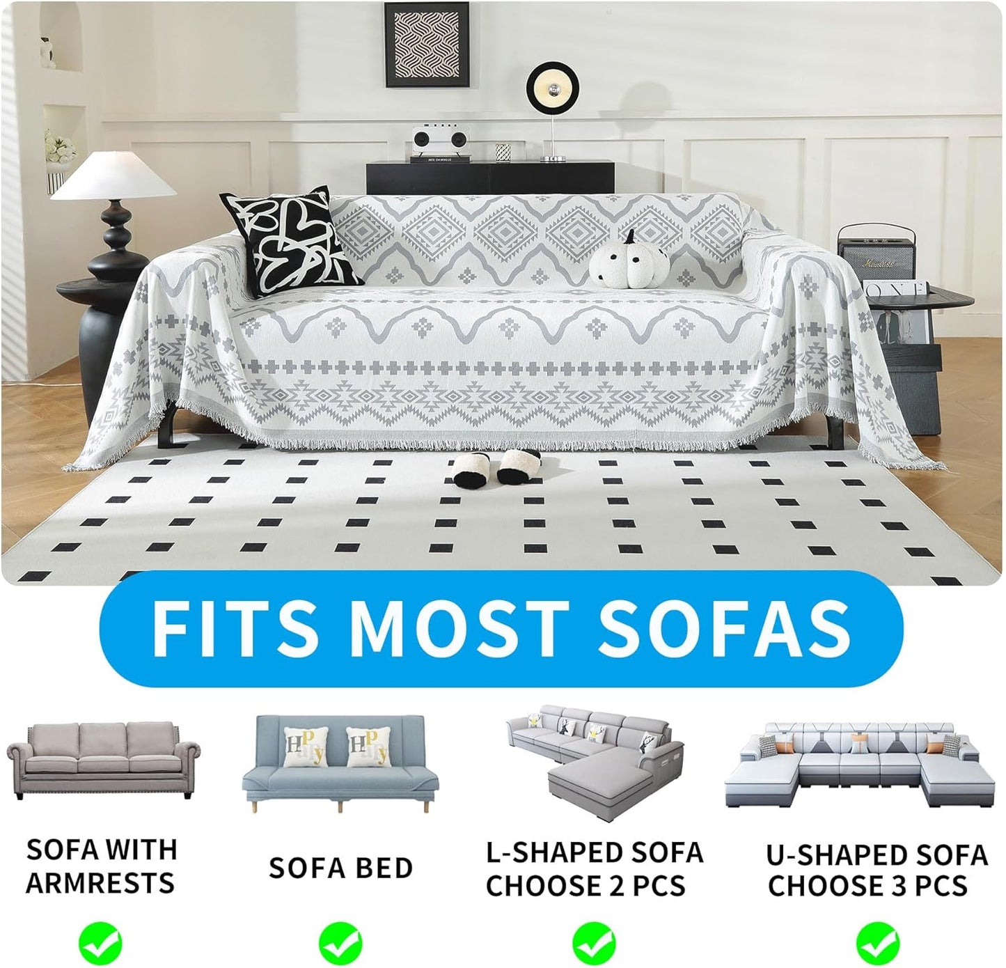 LUFEIJIASHI Boho Couch Covers for Sofa Non Slip Sofa Covers Washable Couch Covers for 3 Cushion Couch Sofa Pet Friendly Sectional Couch Cover Blanket Furniture Protector for Dogs (Grey, 91"x118")