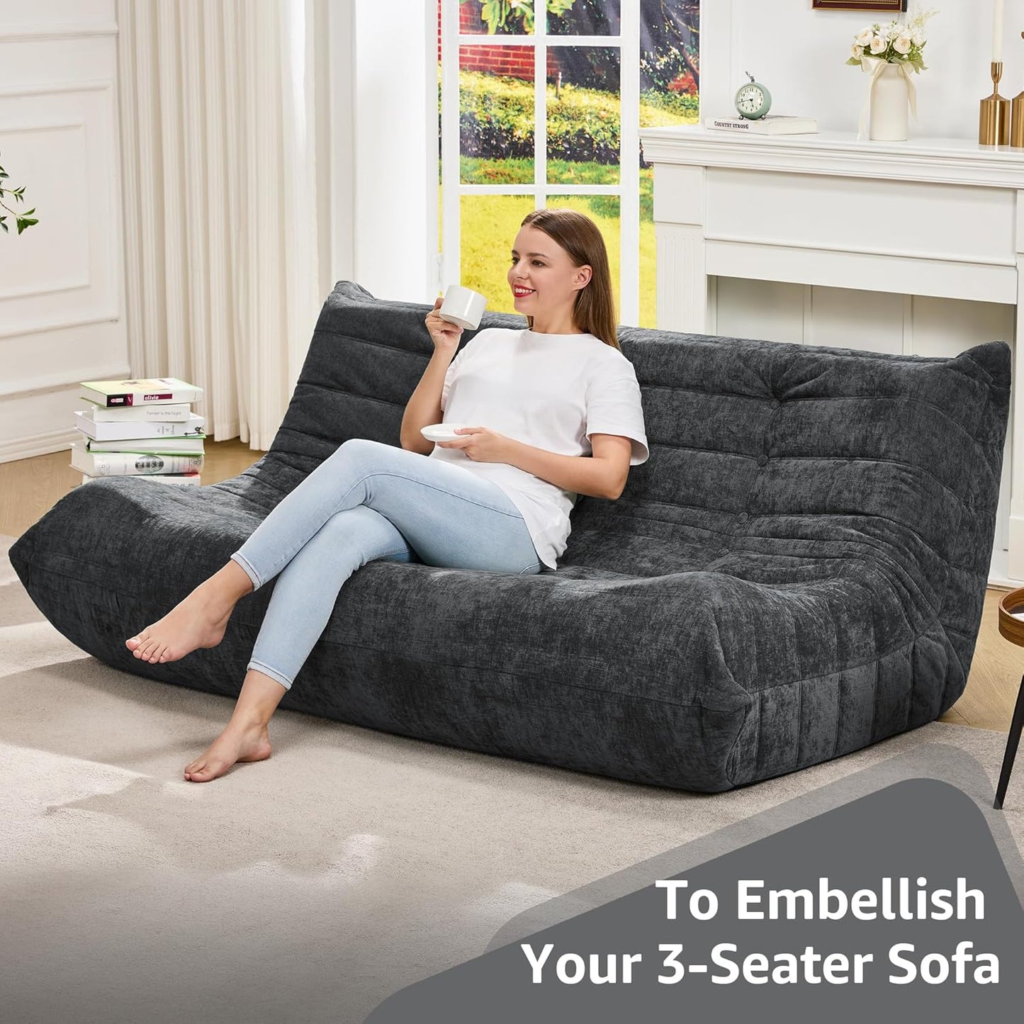 Hobestluk Bean Bag Chairs for Adults Giant Bean Bag Chair Memory Foam BeanBag Chair Bean Bag Sofa with Filler Faux Fur Fireside Beanbags Lazy Sofa for Living Room Bedroom (Darkgrey Chenille, 3-Seater)