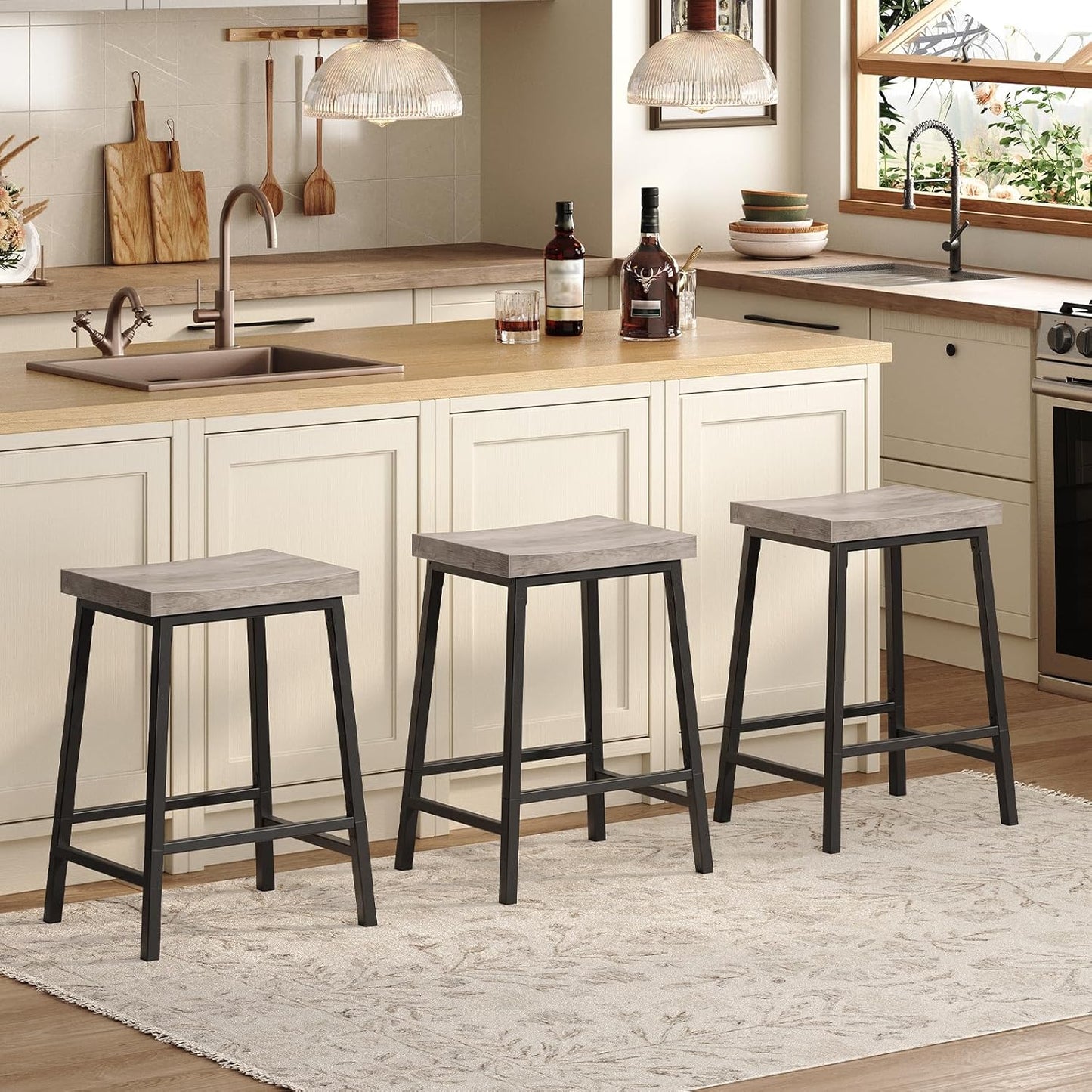 Bar Stools, Counter Height Bar Stools Set of 2, 23.7 Inch Saddle Stools with Footrest, Kitchen Stools, Industrial Style, for Dining Room, Counter, Bar, Greige BAHG0801