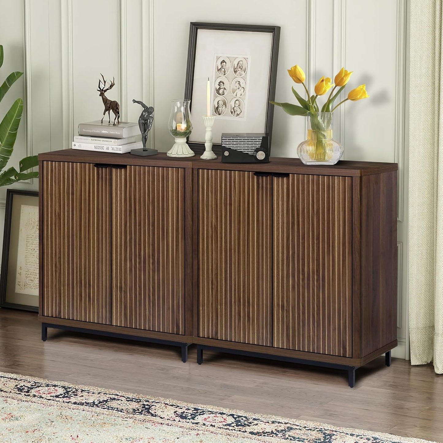 Buffet Cabinet with Storage Accent Sideboard Modern Credenza with 2 Doors & 3 Shelves Fluted Media Console for Living Room Kitchen Dining Room Hallway (Walnut)