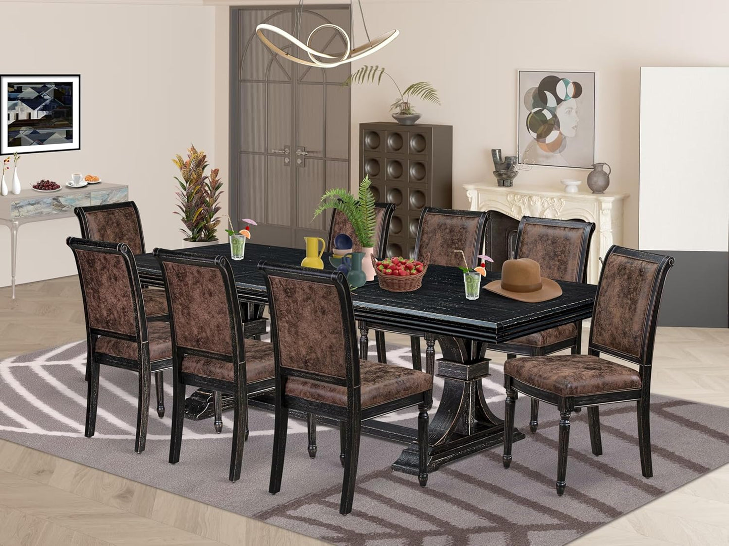 NKCY9-SBB-33 9-Piece Kitchen Table Set Includes a Dining Table and 8 Brown Textured Polyester Fabric Dinner Chairs with High Back, 44x100 Inch, Sand Blasting Black