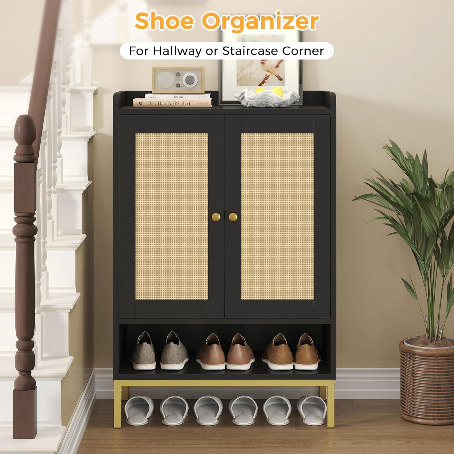 Rattan Shoe Cabinet Storage for Entryway, Shoe Cabinet with Adjustable Shelves for Entryway, 5-Tier, 20 Pair Shoe Rack Storage for Hallway, Closet, Living Room, Black