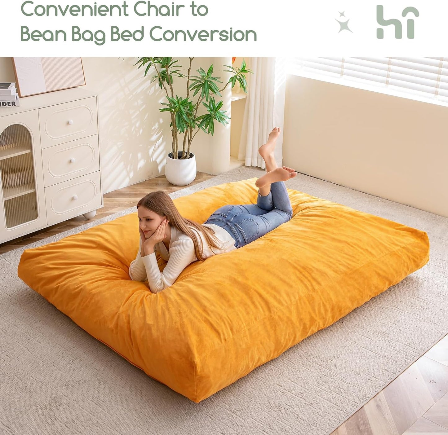 Giant Bean Bag Chair Bed for Adults,Convertible Beanbag Folds from Lazy Chair to Floor Mattress Bed,Large Floor Sofa Couch for Adult,Couples,Family,High-Density Foam Filling, Machine Washable, Orange