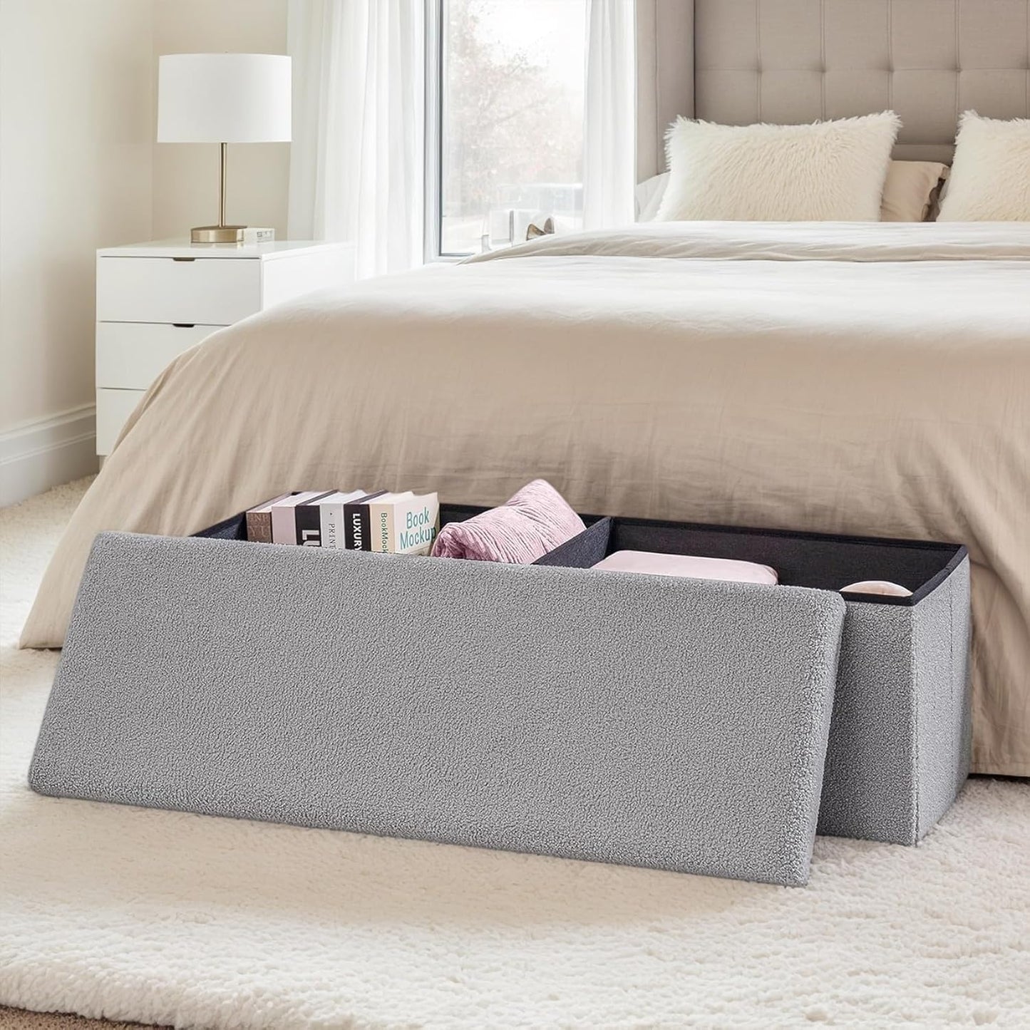 43 Inches Storage Ottoman Bench - Extra Large Foldable Ottoman with Storage, Bench for Living Room, Bedroom, Entryway - Grey