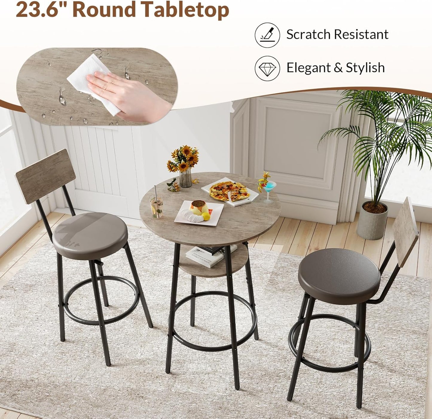 3 Pieces Round Bar Table and Chairs Set, Small Dining Table for 2, Kitchen Bar Table, Breakfast Table with Storage, 2 Thickened Cushion Stools with Backrest for Dining Room & Bistro-Grey