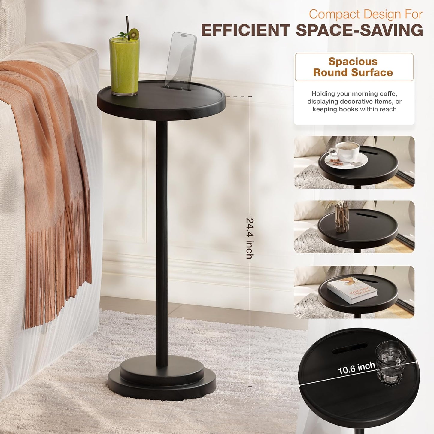 Drink Table, 24.4" Tall Compact Side Table with Phone Slot and Weighted Base, Durable Pedestal Table Accent for Living Room (Stepped Base, Black)
