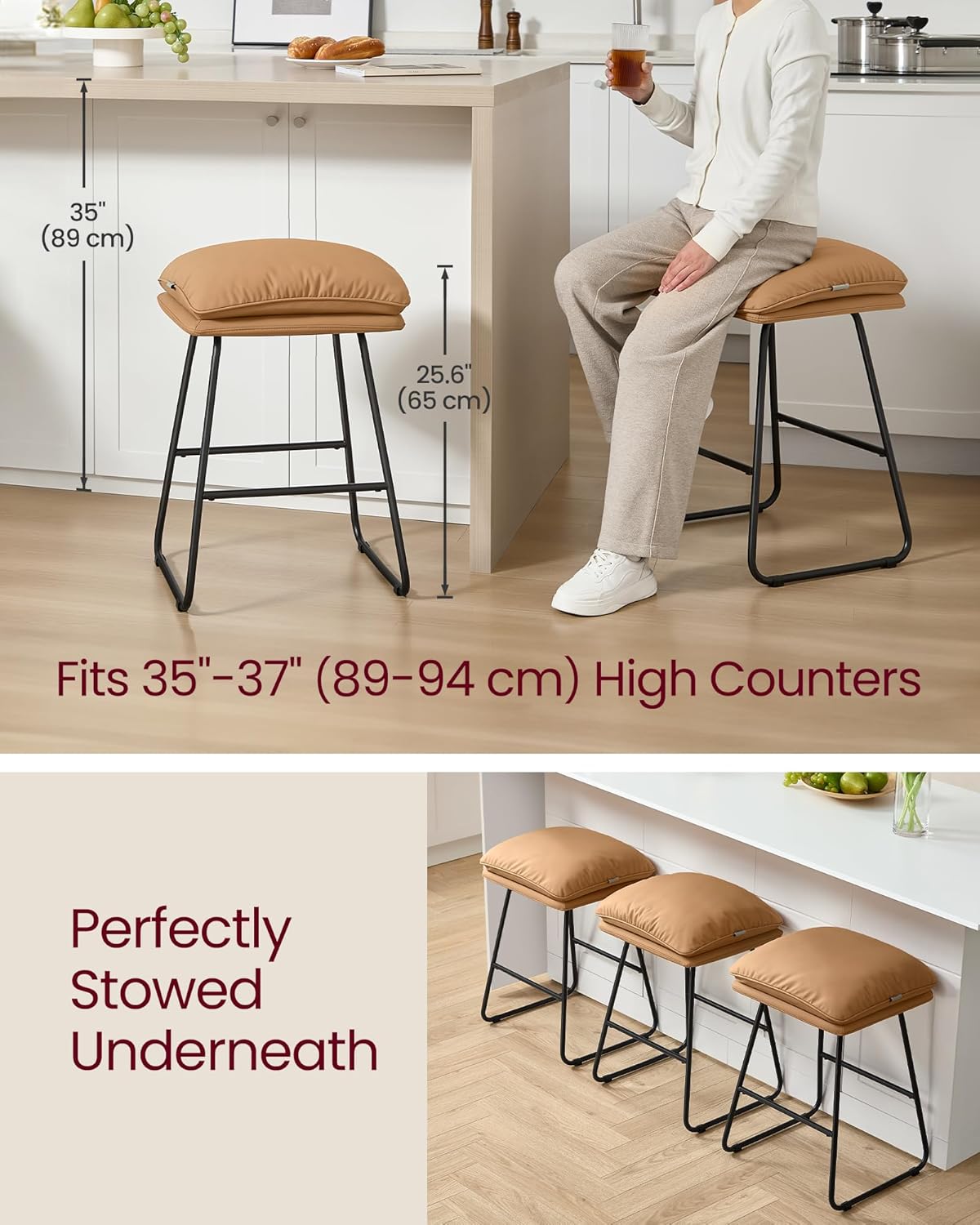 VASAGLE Bar Stools Set of 2, Counter Height Bar Stools, Leather Counter Stools Barstools with Soft Cushion and Metal Sled Legs, 25.6 Inches Bar Height Bar Chairs for Kitchen Island, Caramel Brown