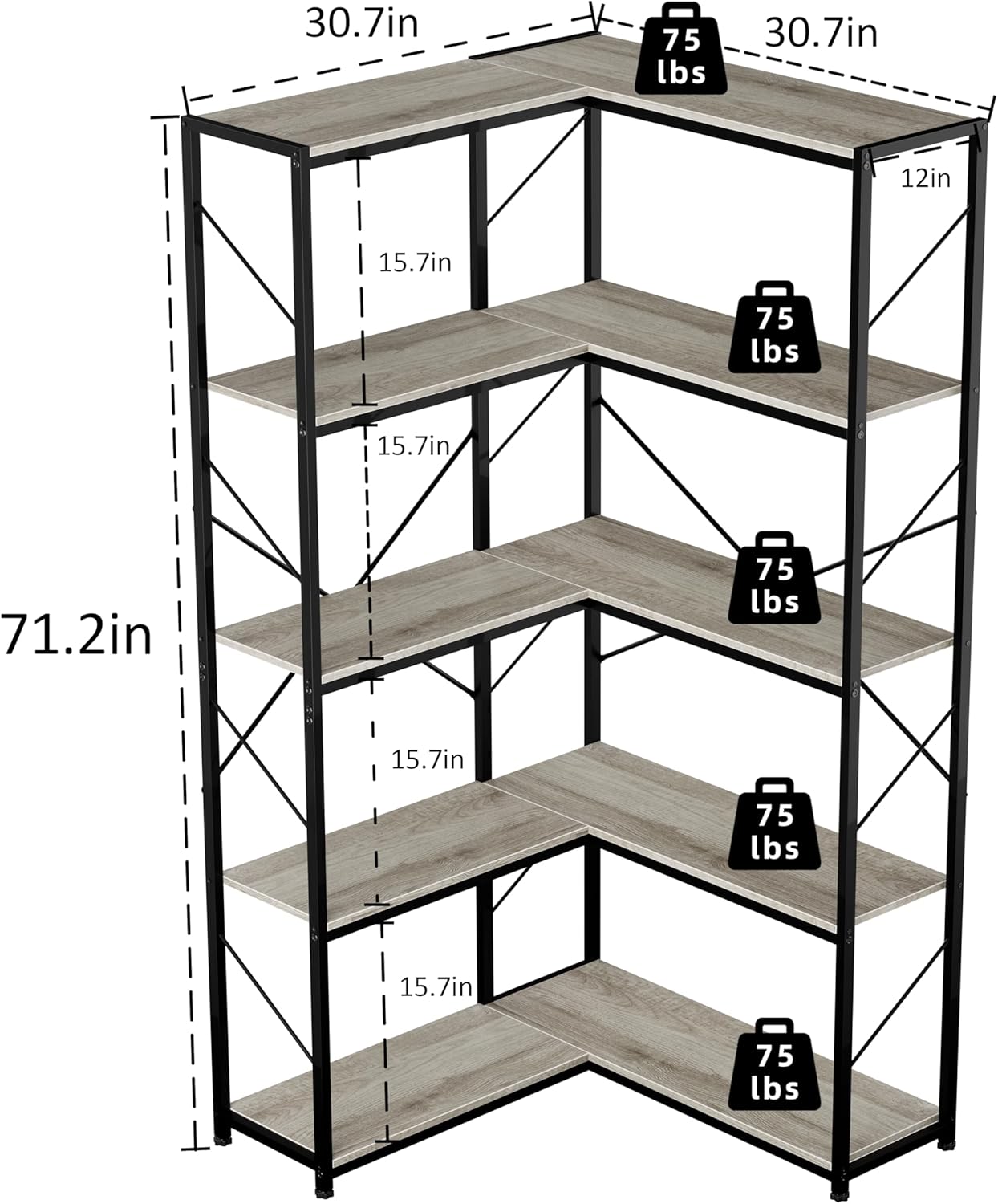 Shintenchi 5 Tier Corner Bookshelf,L Shaped Bookcase,Large Etagere Bookcase,Corner Shelf Display Storage Rack with Metal Frame for Living Room Bedroom Office,Grey