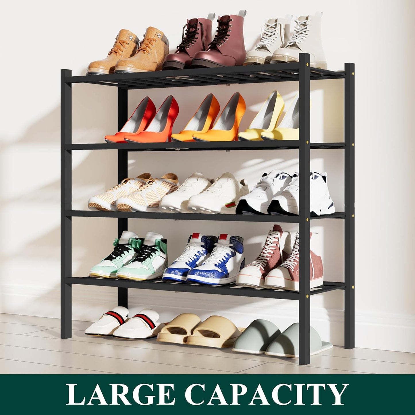 Smiry Shoe Rack, 4 Tier Bamboo Shoe Organizer, Stackable Free Standing Wooden Shoe Storage Shelf for Closet, Entryway, Front Door Entrance, Black
