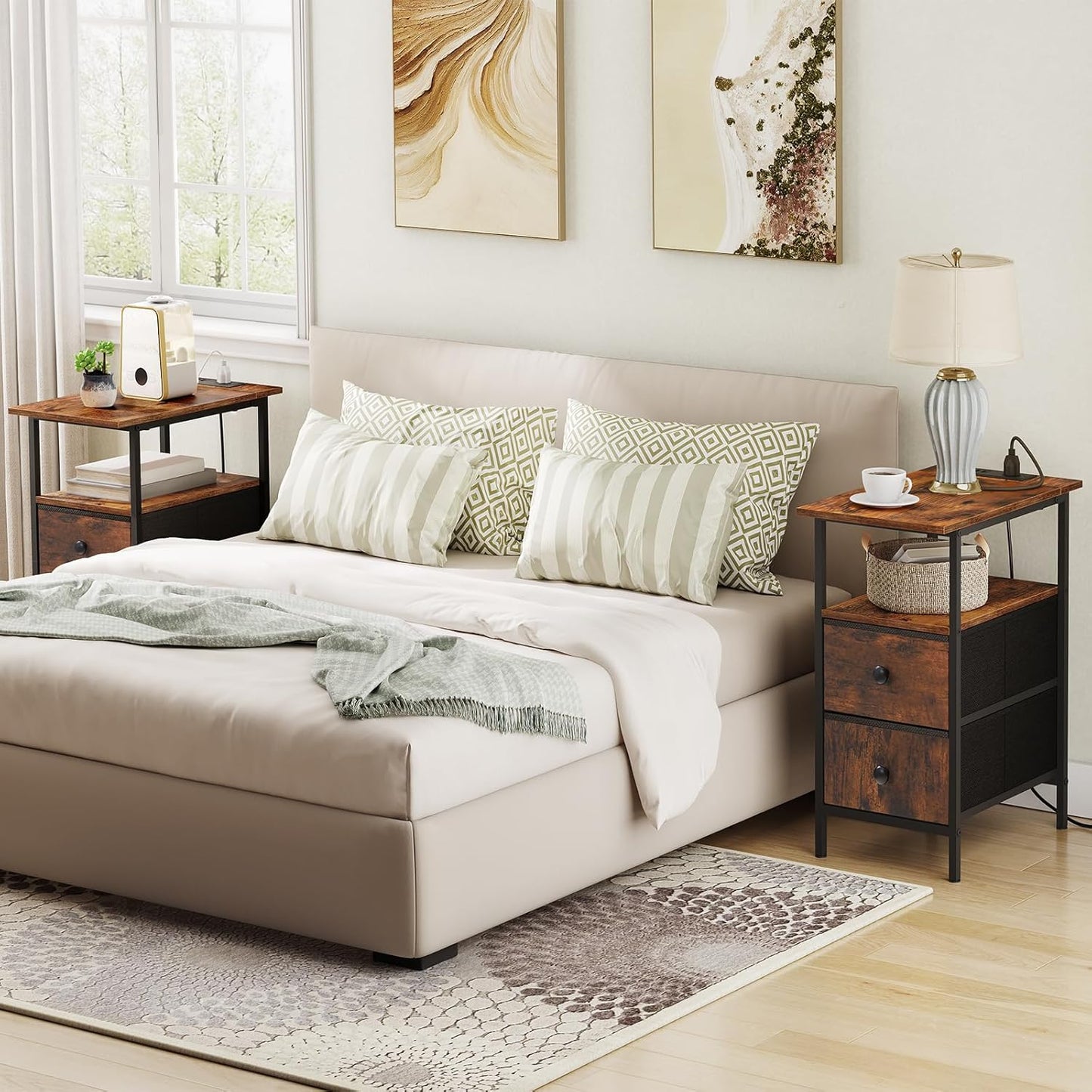 HOOBRO End Table with Charging Station, Set of 2 Narrow Side Tables, Nightstand with 2 Non-Woven Drawers, Slim Sofa Table, for Small Spaces, Living Room, Bedroom, Rustic Brown and Black BF486UBZP201