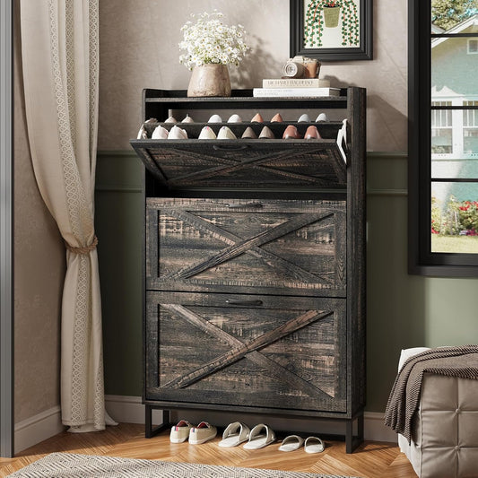 Maupvit Shoe Storage Cabinet with 3 Flip Drawers, Freestanding Organizer with Metal Legs for Entryway, Narrow Shoe Rack Cabinet, Dark Rustic Oak
